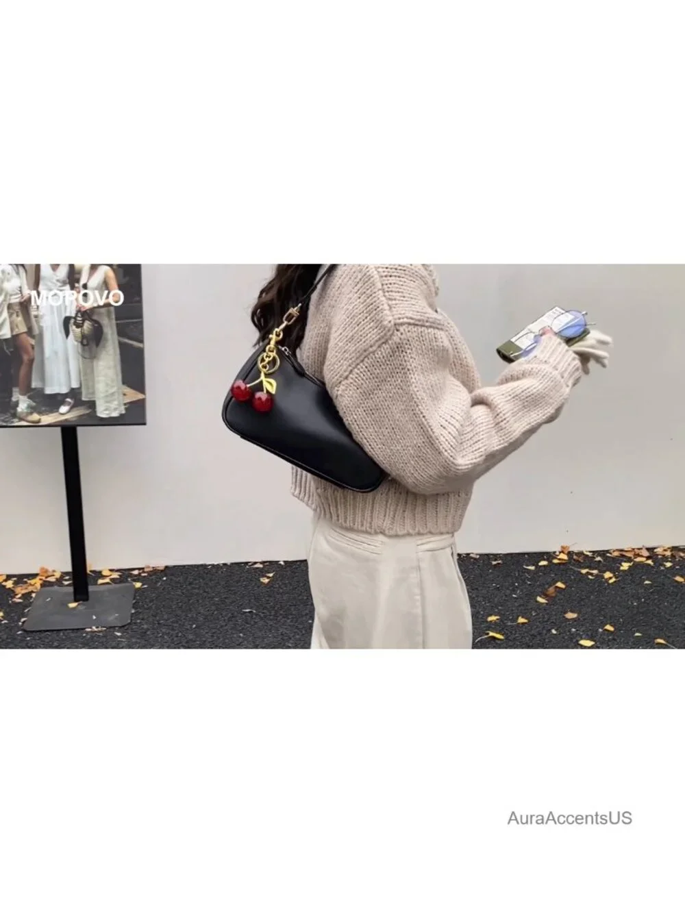 PU Leather Hobo Shoulder Bag with Removable Straps, Cherry Charm